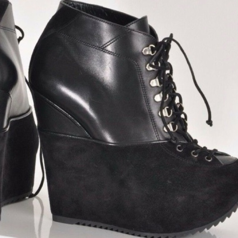 Yves Saint Laurent Black Leather and Suede Wedges